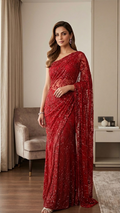 Ruby Red Sequined Designer Saree