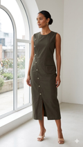 Olive Utility Linen Midi Dress