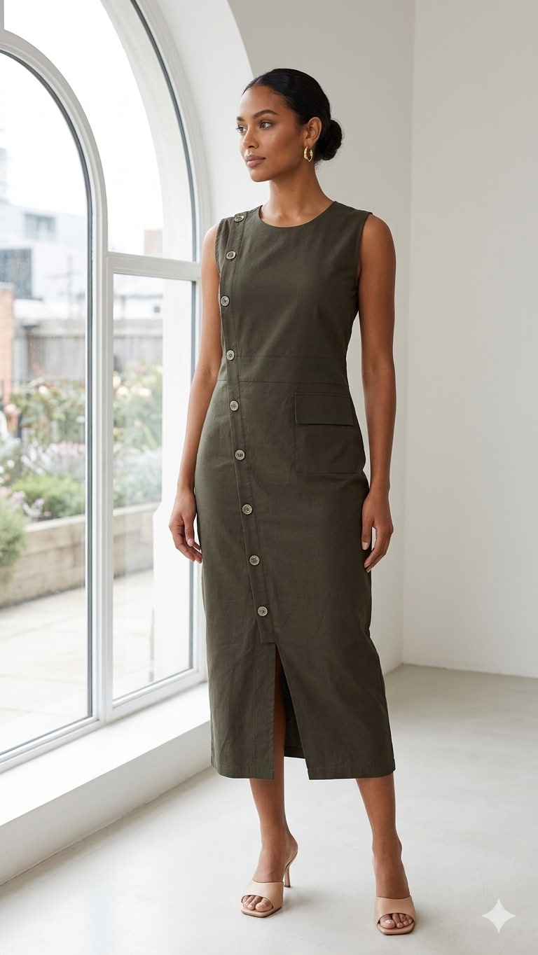 Olive Utility Linen Midi Dress