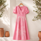 Blush Pink Floral Embroidered Midi Dress