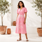 Blush Pink Floral Embroidered Midi Dress