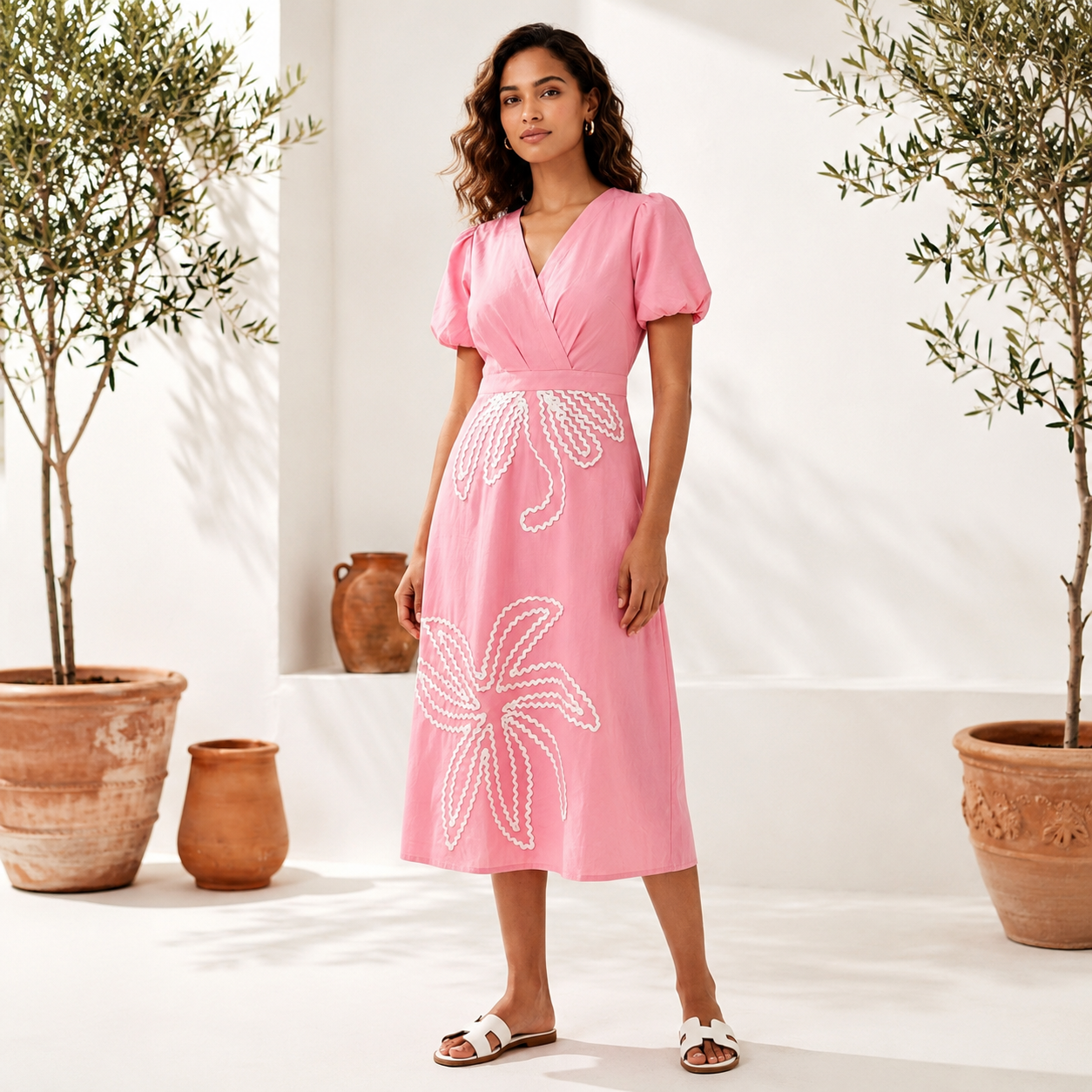 Blush Pink Floral Embroidered Midi Dress