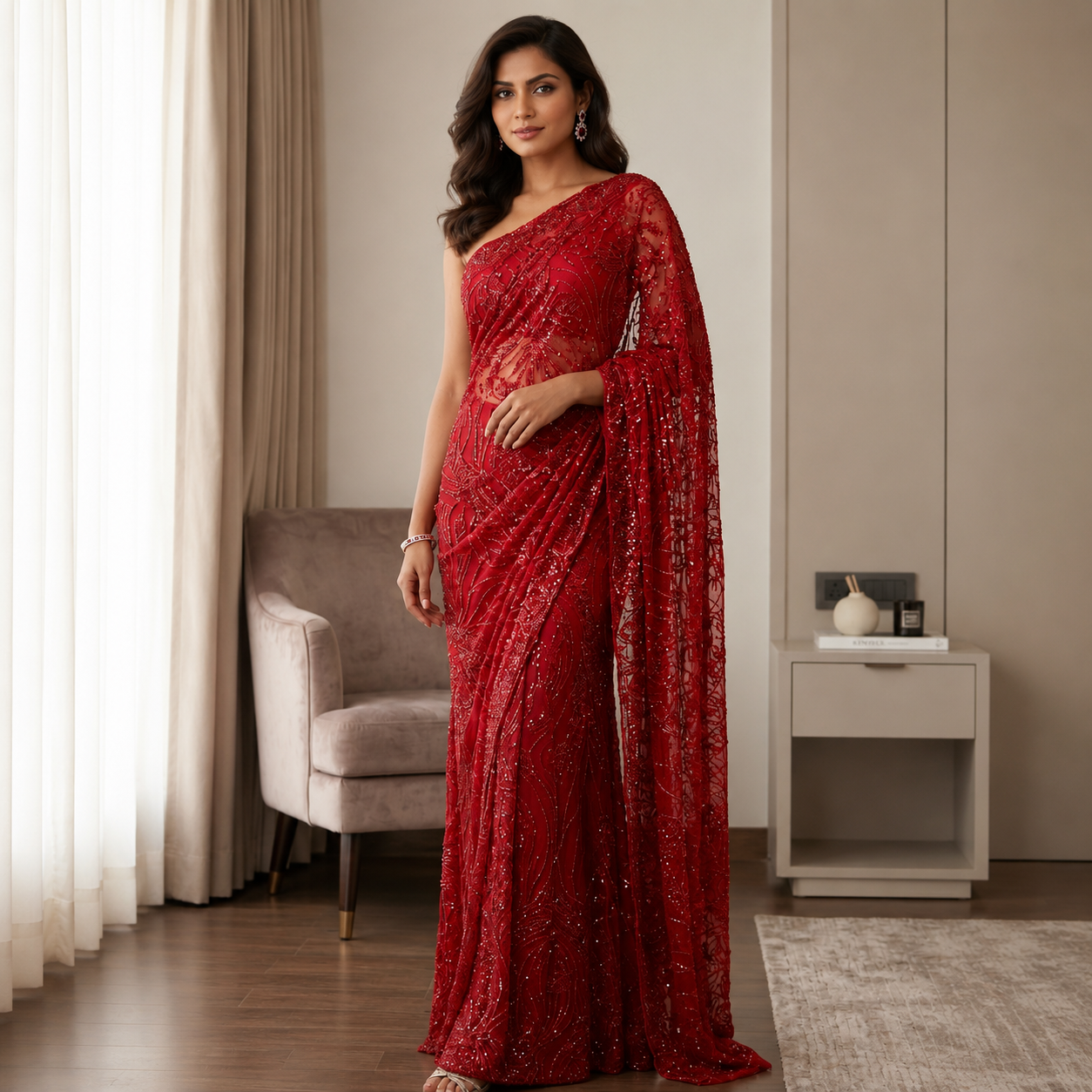 Ruby Red Sequined Designer Saree