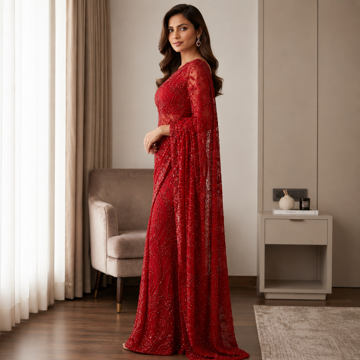 Ruby Red Sequined Designer Saree