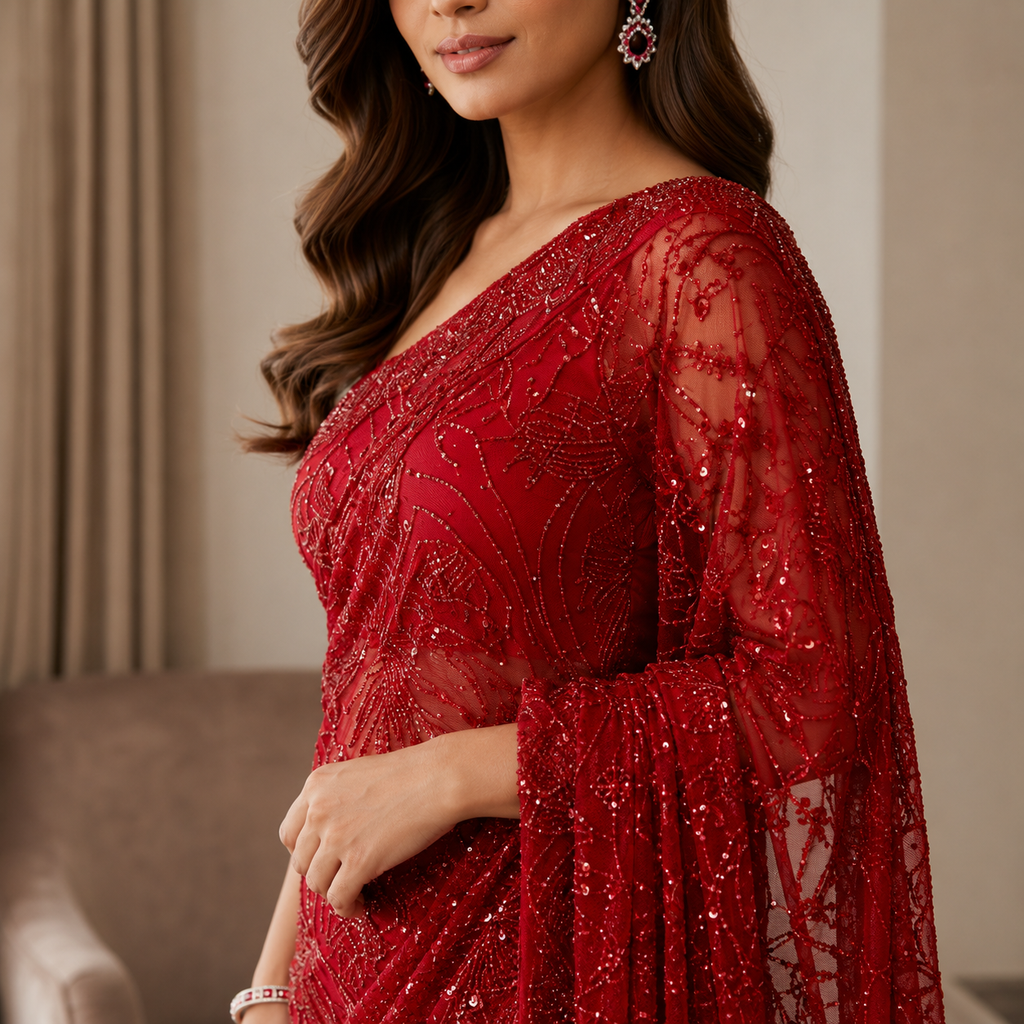 Ruby Red Sequined Designer Saree