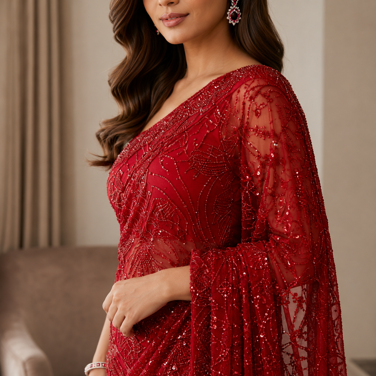 Ruby Red Sequined Designer Saree